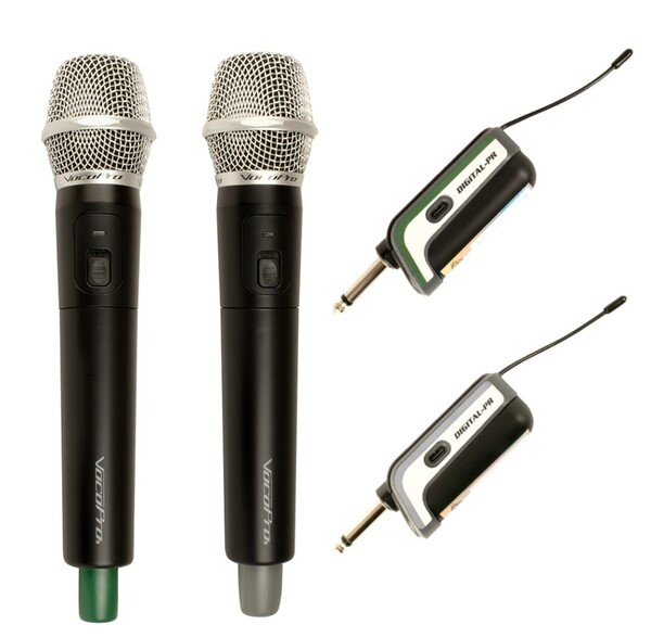 TWO-PERSON RECHARGEABLE PLUG-IN WIRELESS MICROPHONE SYSTEM WITH MIC-ON-CHIP (TM) TECHNOLOGY